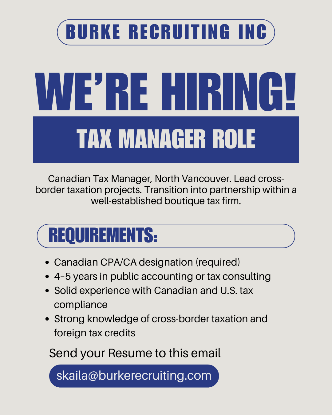 New Canadian Tax Manager Role in North Vancouver
