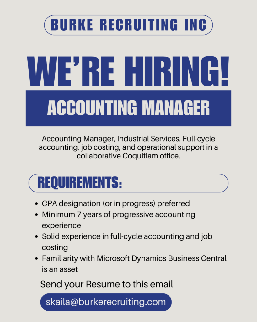 Accounting manager job in Coquitlam - analyzing financial reports and job costing data in a modern Coquitlam office.