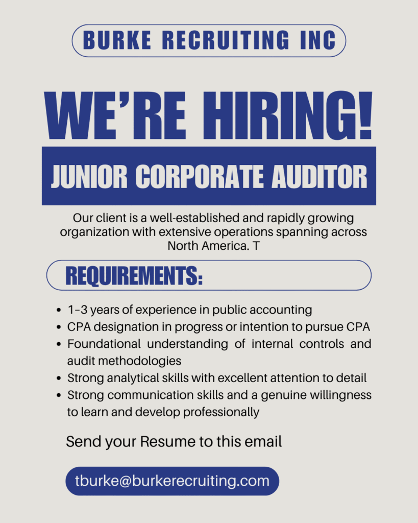 Junior Corporate Auditor job in Richmond BC office setting with financial documents