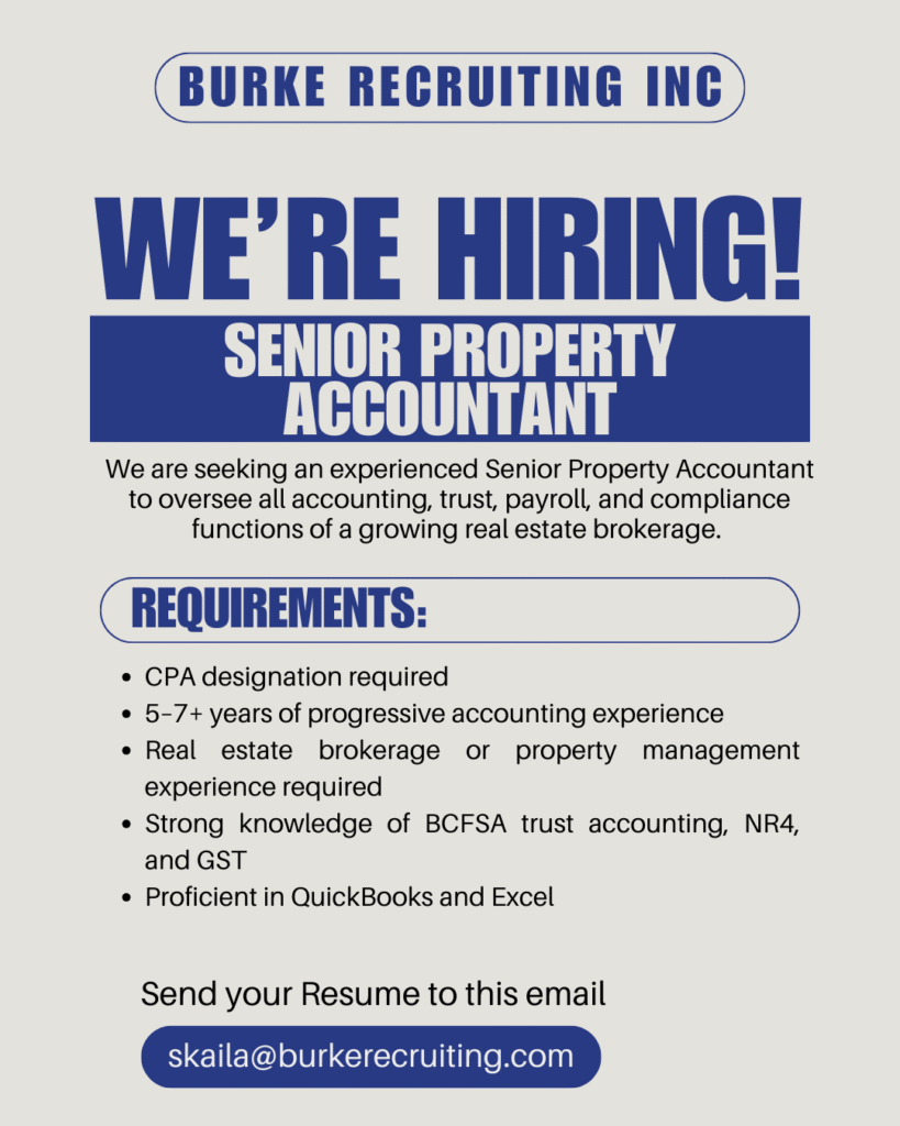 Senior property accountant job in Richmond BC reviewing financial documents and trust reports in a modern office.